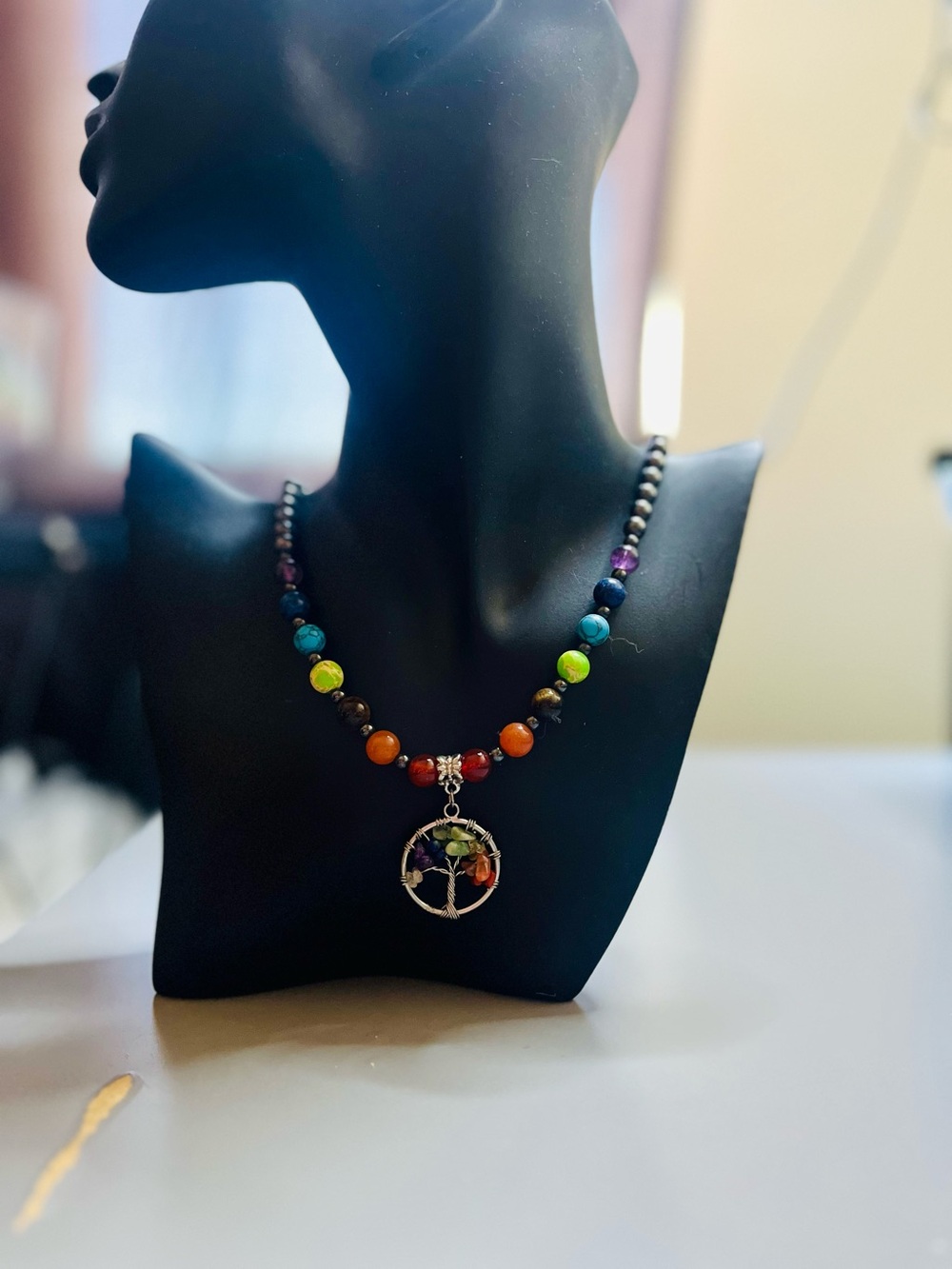Handmade Chakra Tree of Life Gemstone Beaded Necklace Boho Healing NWT